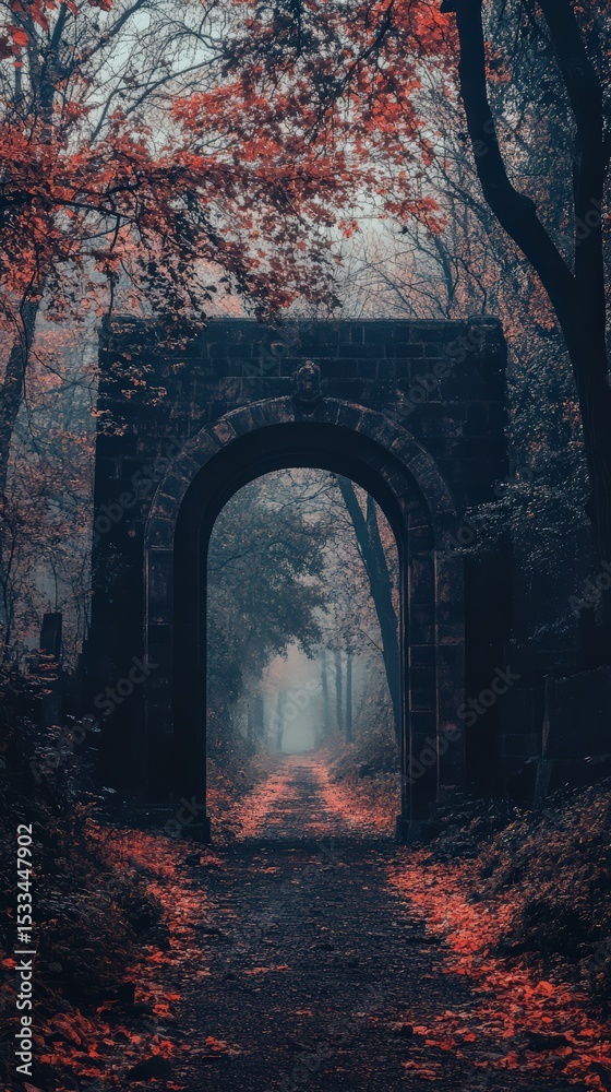 Obraz premium Mysterious pathway through ancient archway amidst autumnal forest scenery landscape