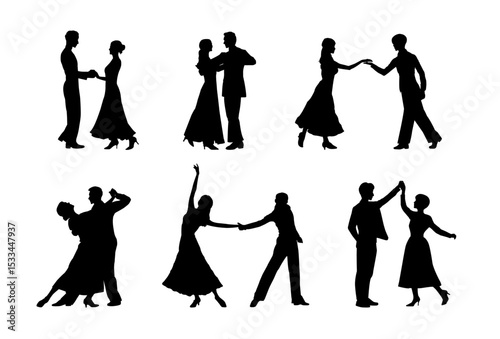 Silhouette illustration set of men and women dancing ballroom