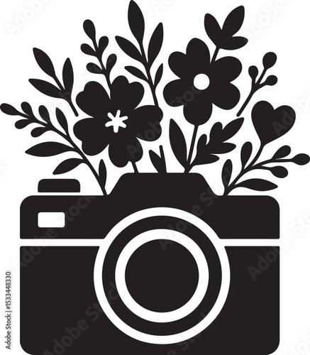 Camera with floral bouquet silhouette vintage photography and flower vector illustration