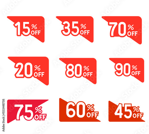 Different percent discount sticker discount price tag set. red shape promote buy now with sell off up to 15,35,70,20,80,90,75,60,45 percentage vector illustration isolated on whit