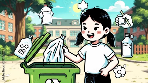 Young Girl Recycling Plastic Bottles in Outdoor Neighborhood Park in Bright Daylight