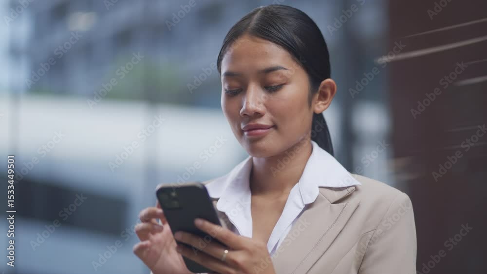 Young Asian businesswoman in formal attire checking her smartphone while standing outside an office building. The scene conveys focus, digital communication, or receiving important news. Young Asian businesswoman in formal attire checking her smartphone while standing outside an office building. The scene conveys focus, digital communication, or receiving important news.