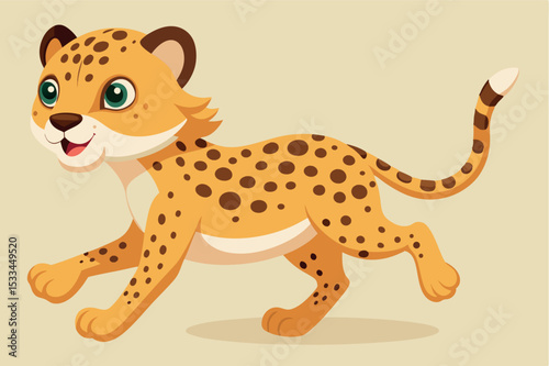 Cute cartoon leopard cub joyfully running across a light background with bright eyes and playful expression