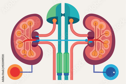 Understanding human kidney anatomy and function through colorful illustration of renal system components