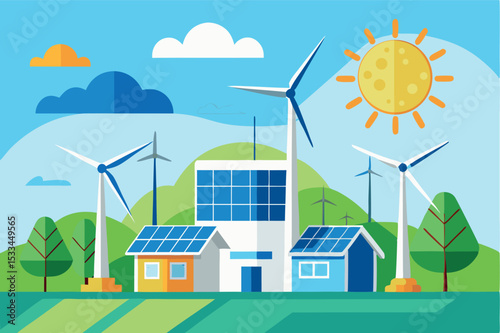 Wind turbines and solar panels power eco-friendly buildings in a bright landscape