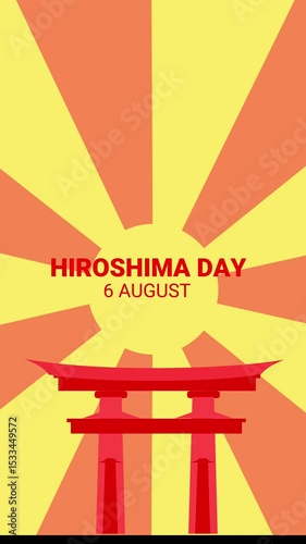 Symbolic Representation of Hiroshima Day Celebrated on 6 August with a Torii Gate Design and Radiant Sunburst