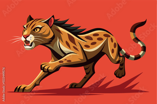 Bold leopard running swiftly across a vibrant red background
