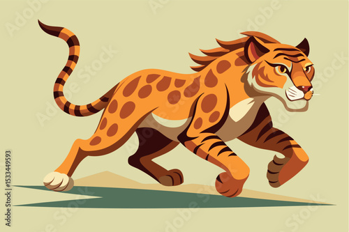 Fierce and agile cartoon tiger running through a desert landscape