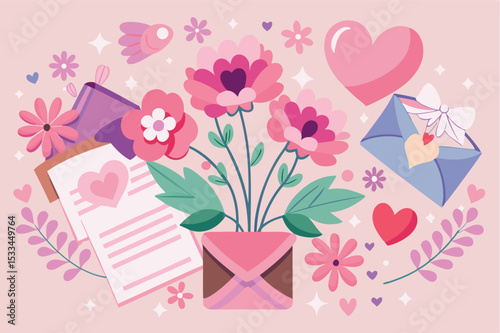 Colorful illustration of flowers and envelopes depicting love and friendship