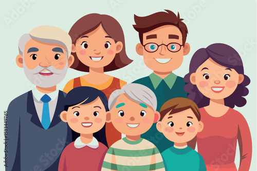 Happy family portrait with smiling members in casual attire