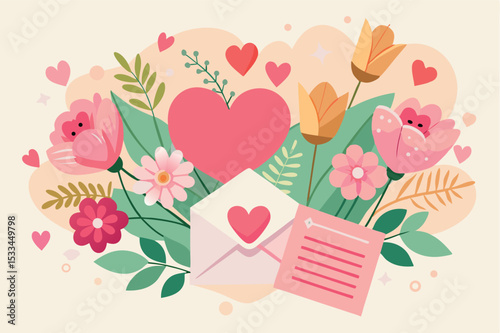 Colorful floral arrangement with hearts and an envelope expressing love and affection during a celebration