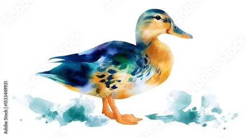 A vibrant watercolor painting of a curious duckling rendered with playful strokes and a whimsical feel on a clean white