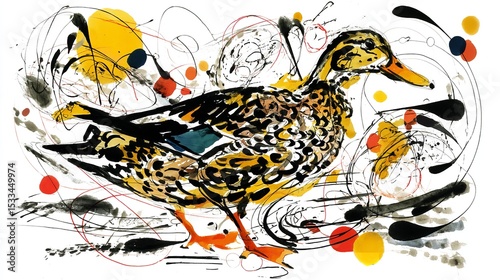 A whimsical duck rendered in vibrant abstract ink strokes captured with playful energy and joyful artistic flair against