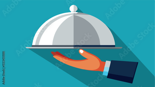 Hand holding a silver cloche over a turquoise background in a stylish presentation
