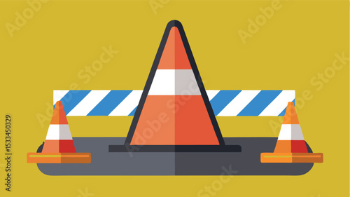 Construction zone with safety cones and barriers on bright background