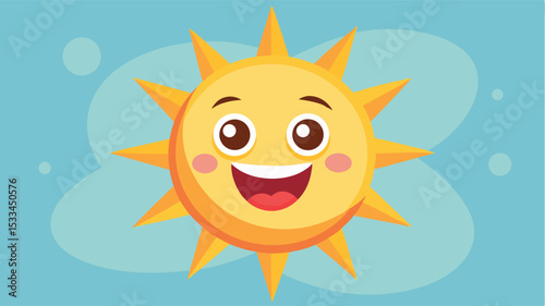 Bright cheerful sun character with a friendly smile against a blue background