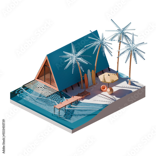 Summer Beach Isometric View 3D Render Illustration