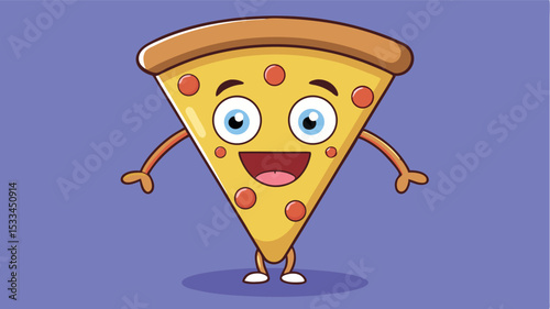 Cartoon pizza slice character smiling against a purple background