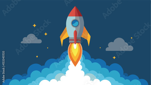 Rocket launching into space with vibrant clouds and stars