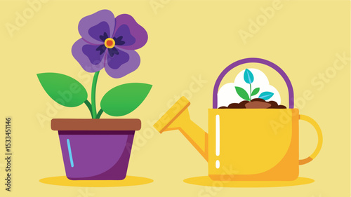Colorful purple flower in pot next to yellow watering can with plant
