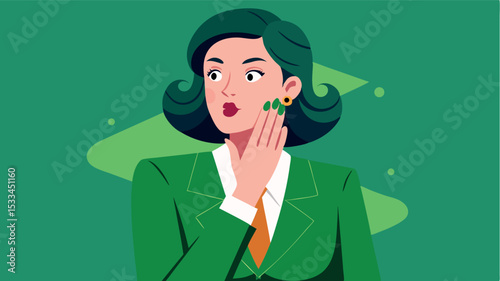 Professional woman in green suit expresses thoughtful contemplation with a hand on her face indoors