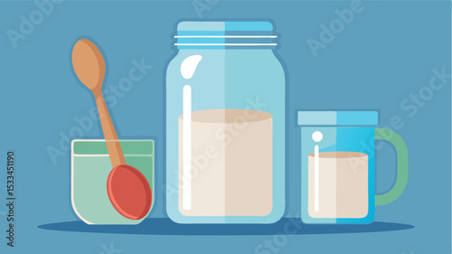 Clear containers with dry ingredients and a wooden spoon on a blue background create an inviting kitchen display