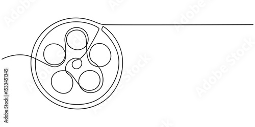film canister reel continuous one line drawing, Film Strip Line art, One continuous line drawing of filmstrip. Retro old movie and cinema roll in simple linear style. Vintage video film strip
