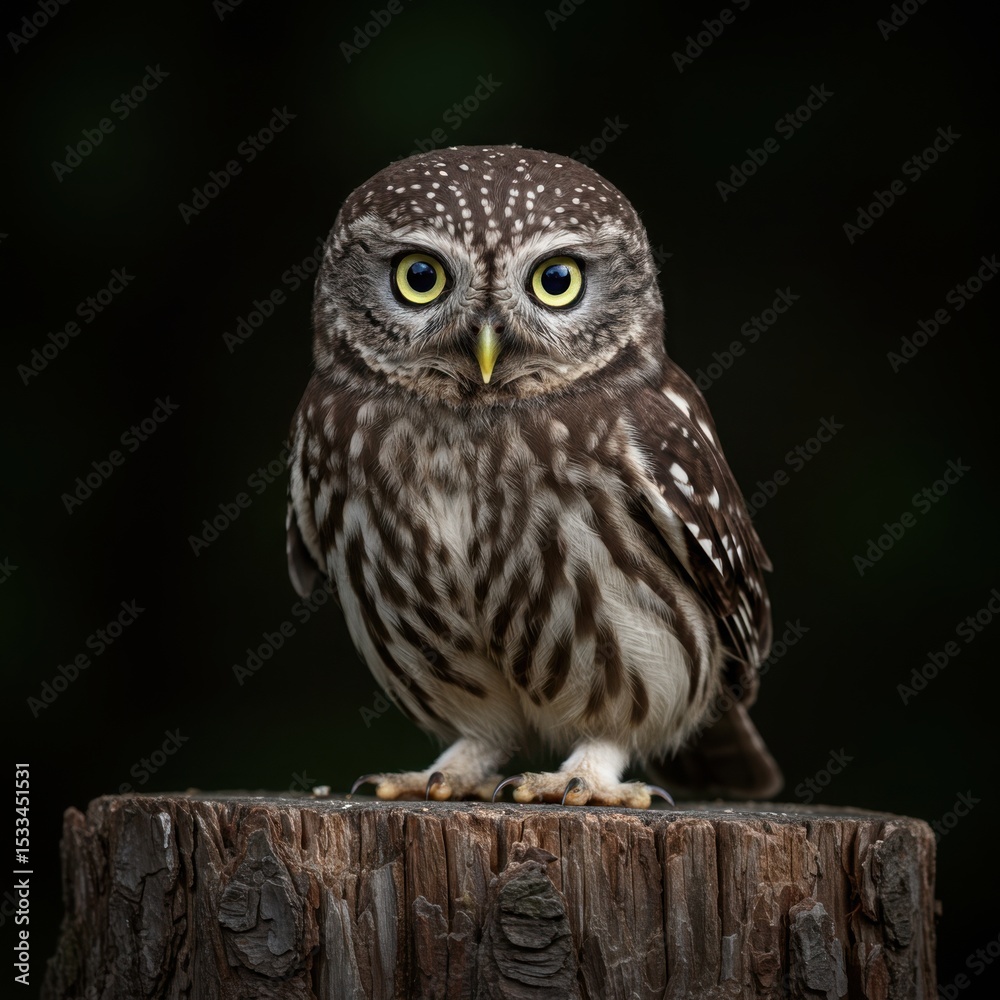Fototapeta premium Portrait of a little owl perched on a tree stump