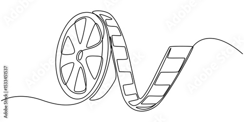 film canister reel continuous one line drawing, Film Strip Line art, One continuous line drawing of filmstrip. Retro old movie and cinema roll in simple linear style. Vintage video film strip