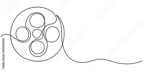 film canister reel continuous one line drawing, Film Strip Line art, One continuous line drawing of filmstrip. Retro old movie and cinema roll in simple linear style. Vintage video film strip