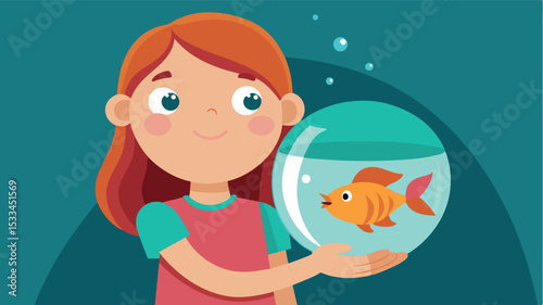 Young girl happily holds a goldfish bowl in a vibrant room filled with bubbles