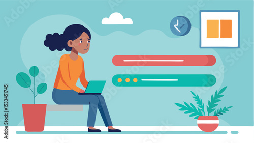 Young woman working on laptop in a modern workspace with plants and a wall clock at midday
