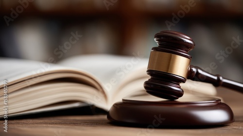 Gavel resting on legal documents with open law book, symbolizing justice, court trial, legal dispute resolution and copyright law concept. 