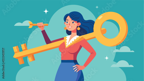Confident woman holding a giant key in bright colors
