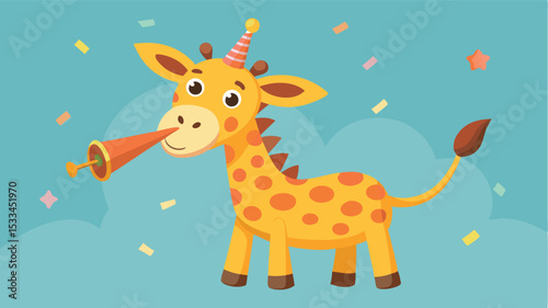 Colorful giraffe wearing a party hat and blowing a horn at a festive celebration