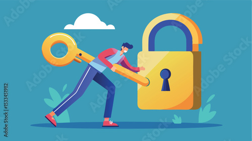 Unlocking a digital padlock with a large key during a creative illustration