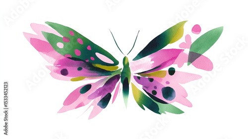 A whimsical butterfly painted in vibrant watercolors wings outstretched in joyful flight showcasing pinks greens and
