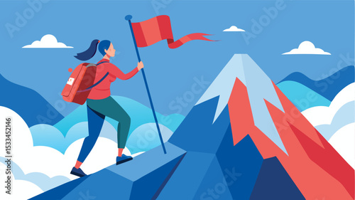 Hiking enthusiast reaches mountain peak, waving flag proudly