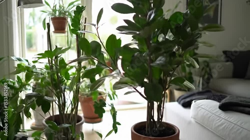 Bright Sunlit Indoor Space Filled with Lush Greenhouse Plants and Natural Light Streaming Through Large Windows