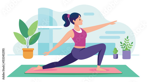 Woman practicing yoga in a bright indoor space with plants in the background during the morning