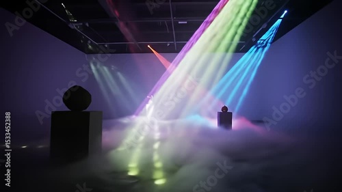 Abstract Light Installation with Colorful Laser Beams and Fog Effects in Dark Space