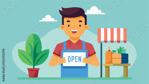 Friendly shopkeeper welcomes customers with open sign at local market