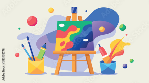 Colorful abstract art on easel with painting supplies in a creative workspace