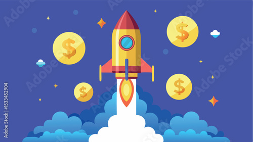 Rocket launches into space surrounded by money symbols