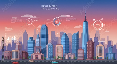 New York City's urban skyline at sunset, featuring iconic architecture and towering skyscrapers