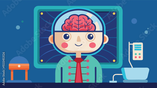 Illustration of a scientist with a brain in a dome showing excitement in a lab environment with equipment