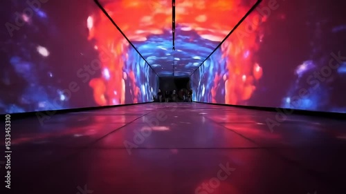 People Walking Through Immersive Digital Tunnel Display with Vibrant Color Projections