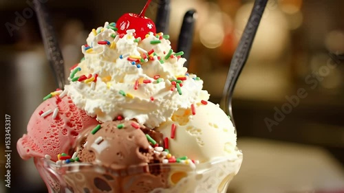 Ice Cream Sundae Closeup with Whipped Cream and Cherry Topping