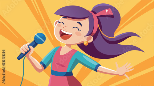 Young girl singing joyfully with a microphone in a vibrant setting