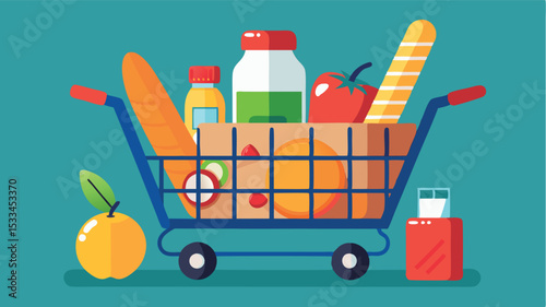 Grocery shopping cart filled with fresh produce and drinks